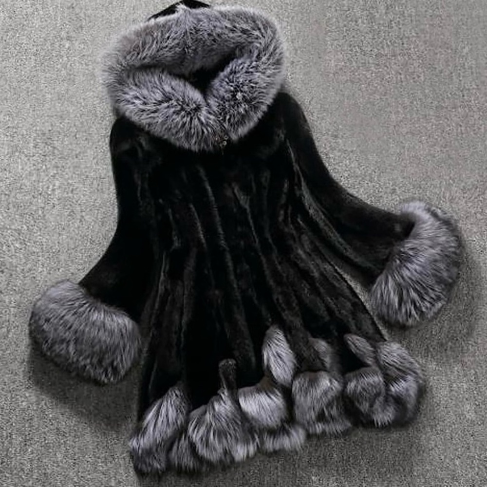 NWOT Winter Furry Fashion Hooded Coat Faux Fur Black/Grey Casual/Formal Overcoat